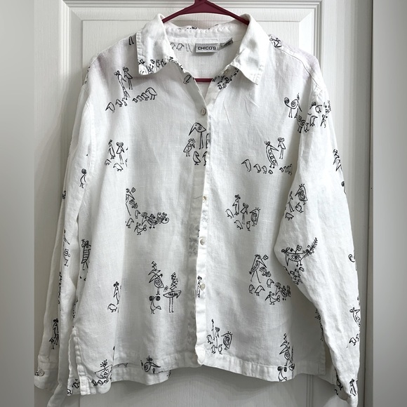 Chico’s Long Sleeve Chicks & Birds Boxy Button Up White Linen Shirt Black Birds - Picture 2 of 7